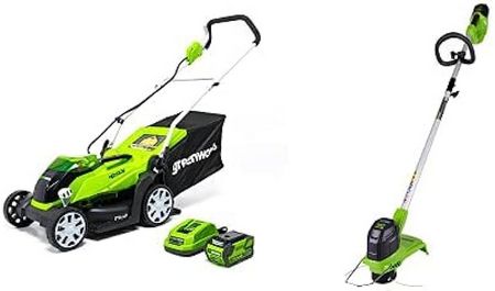 greenworks, lawn, mower, combo, tools